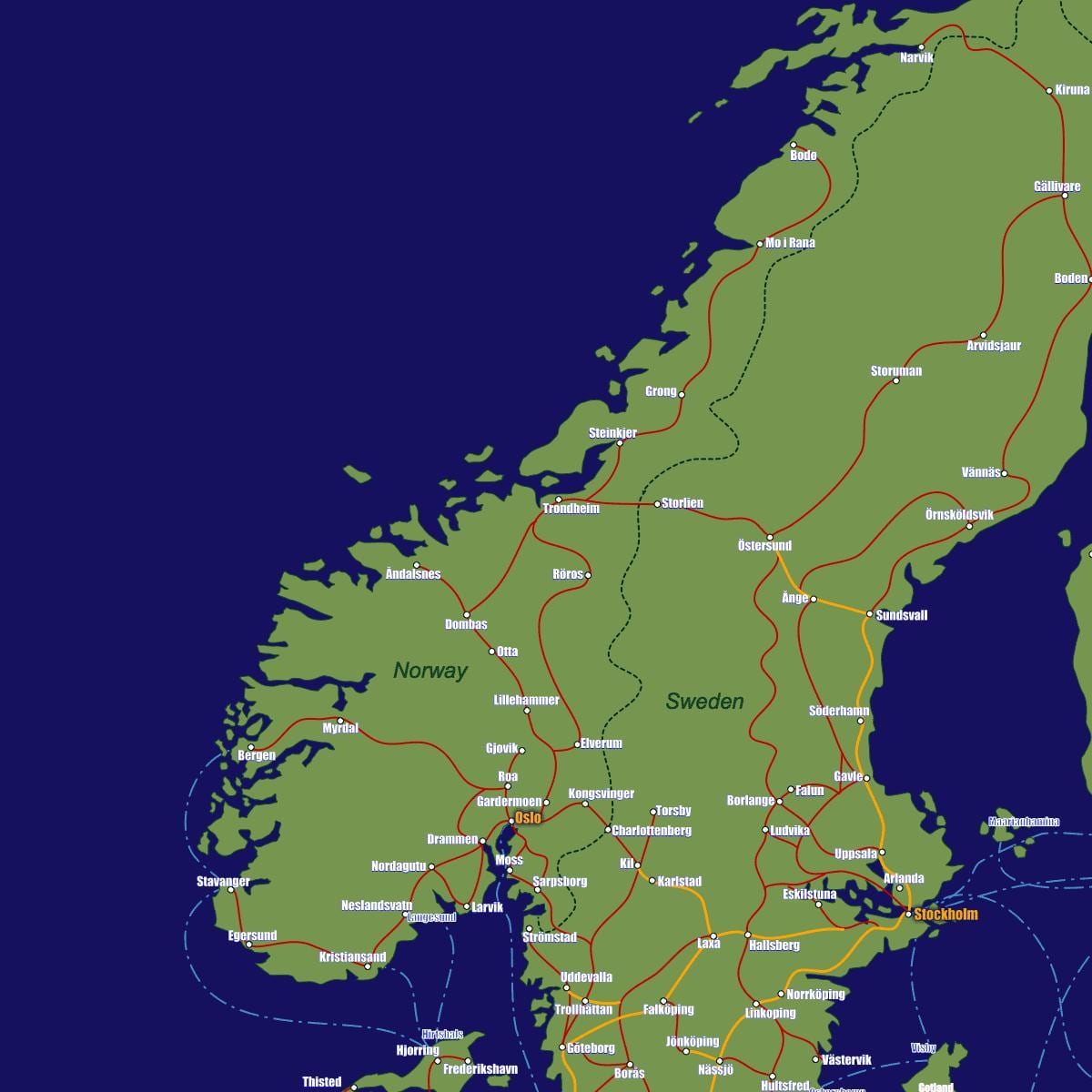 Žemėlapis Norvegija traukinių maršrutai