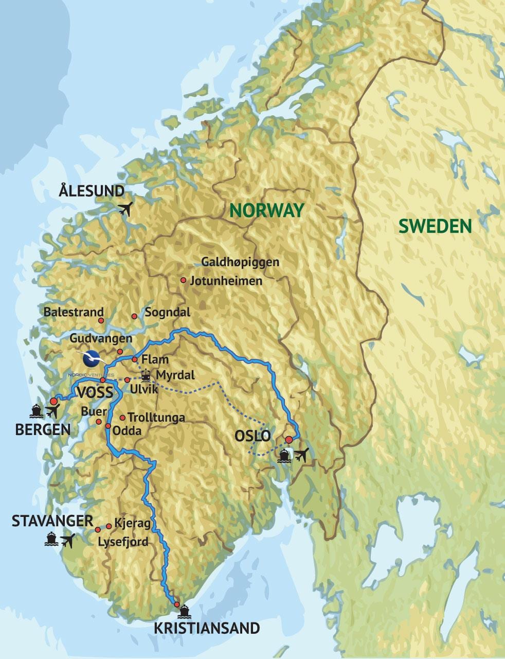 Žemėlapis vakarų Norvegijoje