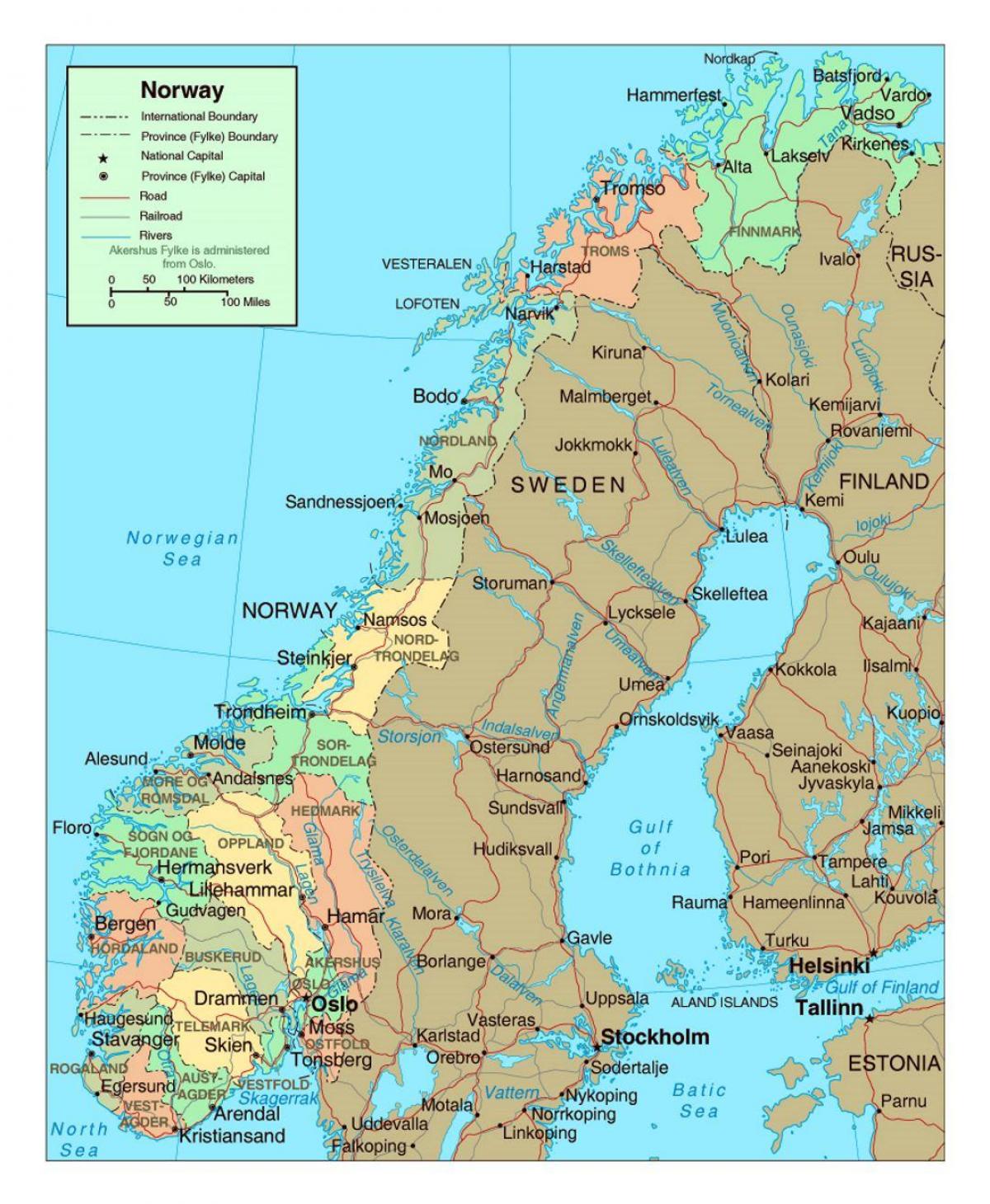 kelių žemėlapis Norvegijoje su miestų