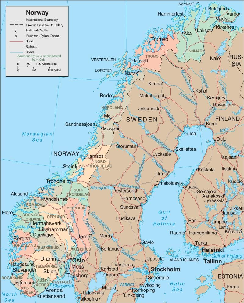 Norvegijos provincijos žemėlapis