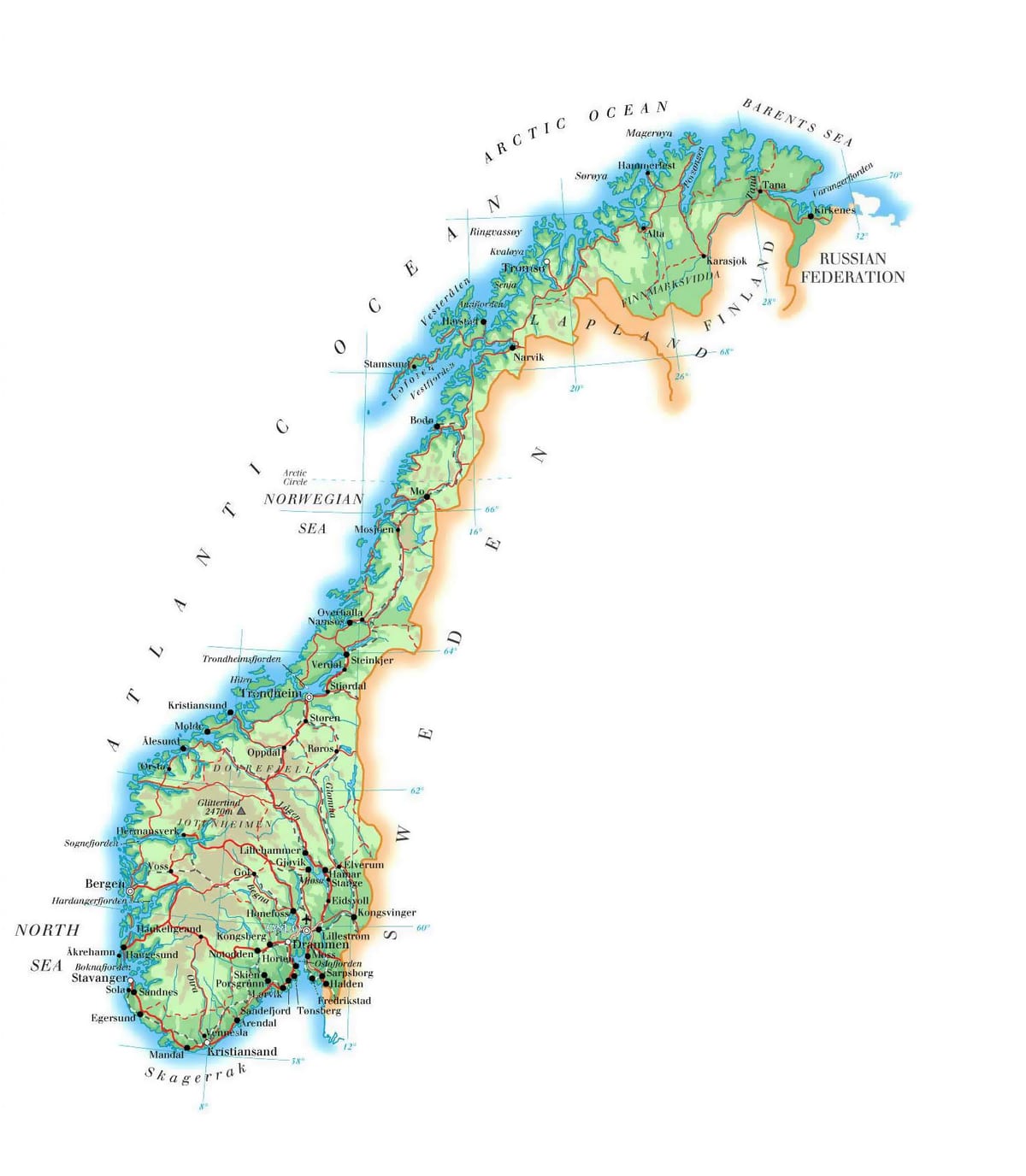 Žemėlapis Norvegija aukštis