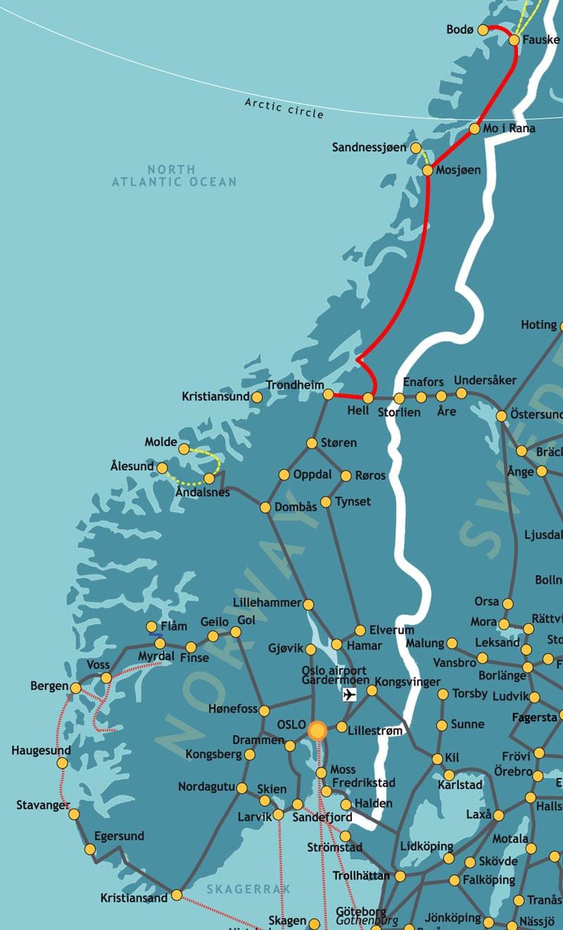 Žemėlapis Norvegijos šiaurės geležinkelio