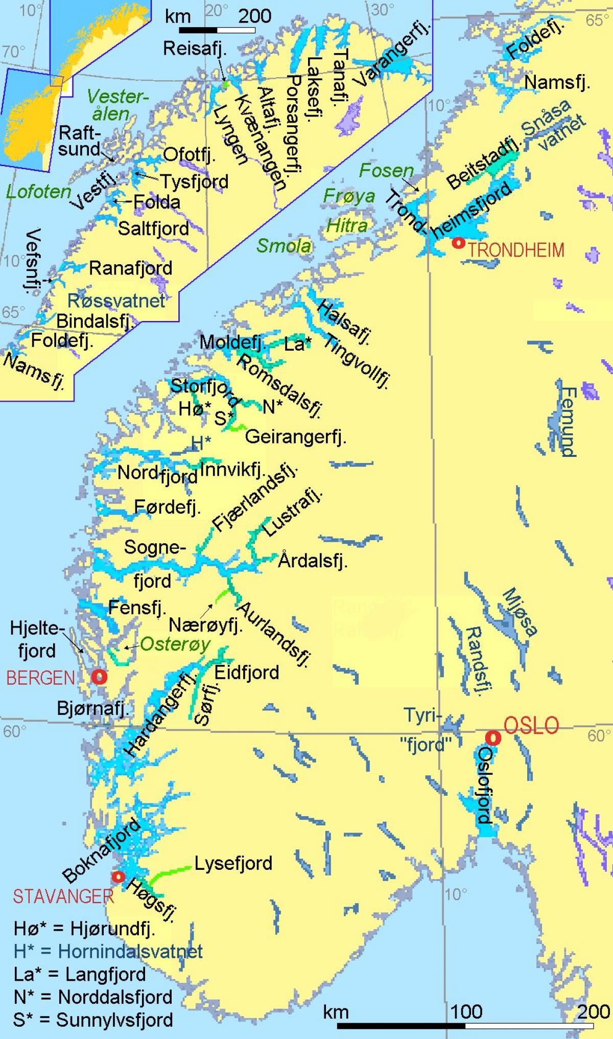 žemėlapis Norvegija rodo fiordai