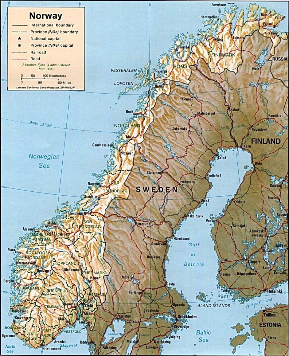 Žemėlapis Norvegijos kalnus