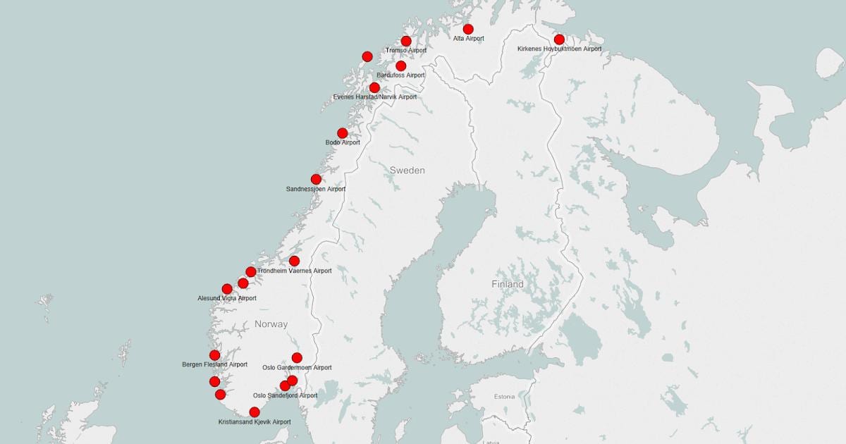 Žemėlapis Norvegijos oro uostus