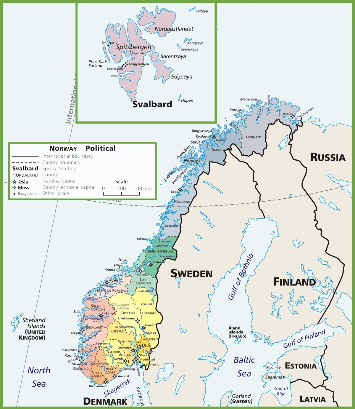 Žemėlapis Norvegijos politinė