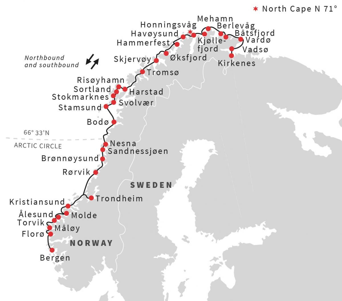 Žemėlapis Norvegijos uostus