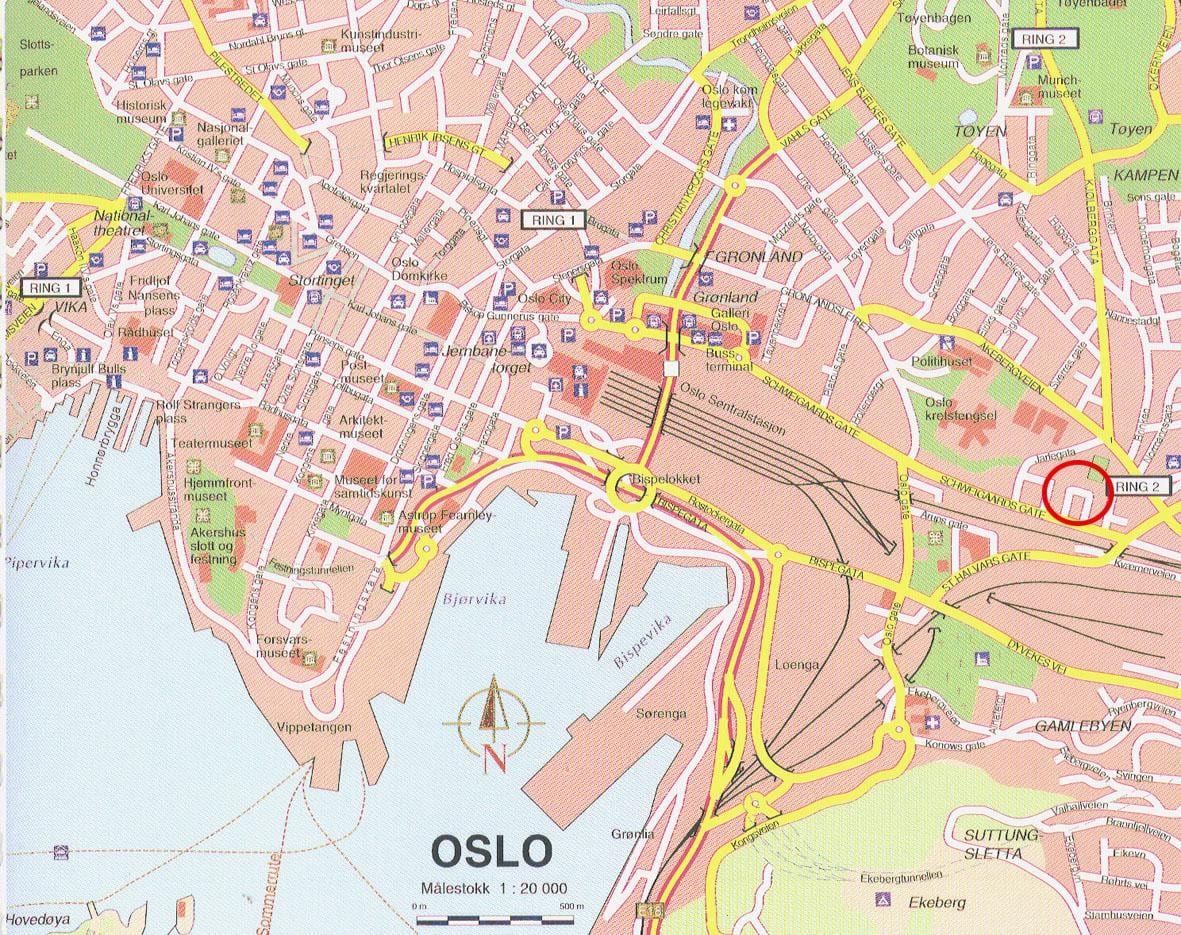 žemėlapis oslo Norvegija miesto centro