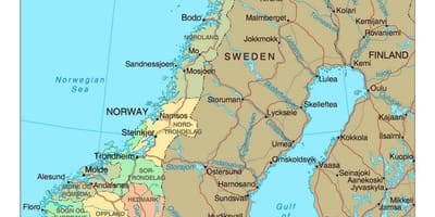 Kelių žemėlapis Norvegijoje su miestų