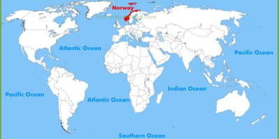Pasaulio žemėlapis, kuriame Norvegija