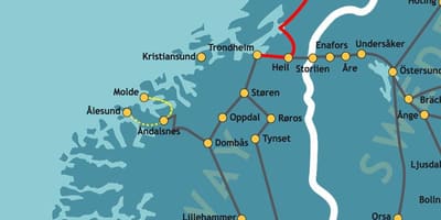 Žemėlapis Norvegijos šiaurės geležinkelio