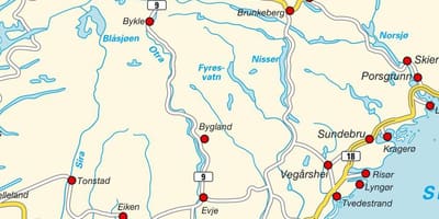 Žemėlapis pietų Norvegijoje